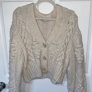 Zara Jewel Button Cozy Cream Cable Knit Sweater Cardigan